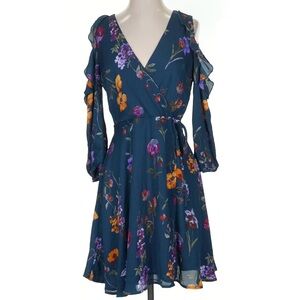 Francesca's Collections Floral Long Sleeve Dress - Teal and Multicolor
